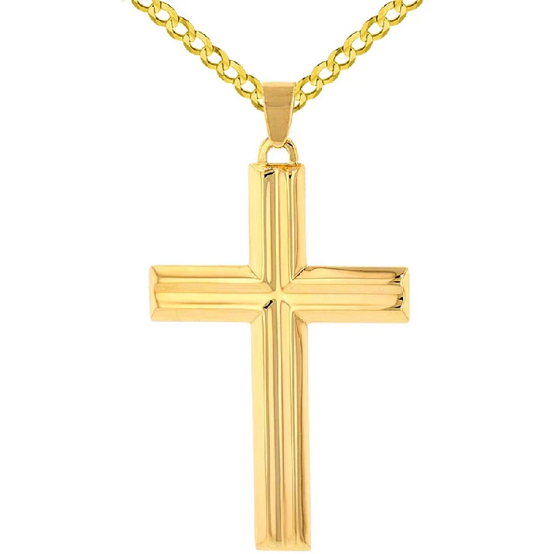 14k Yellow Gold Crucifix Large Religious Plain Cross Pendant with Cuban Chain Necklace