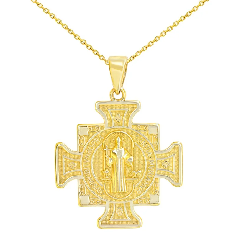 14K Yellow Gold Saint Benedict Cross Charm Pendant Neckalce