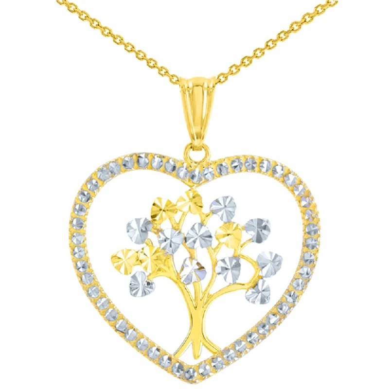 Polished 14K Yellow Gold Textured Heart Shaped Tree of Life Pendant Necklace