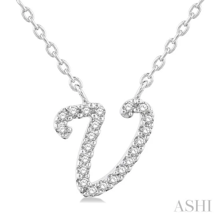 1/20 Ctw Initial 'V' Round cut Diamond Pendant With Chain in 14K White Gold