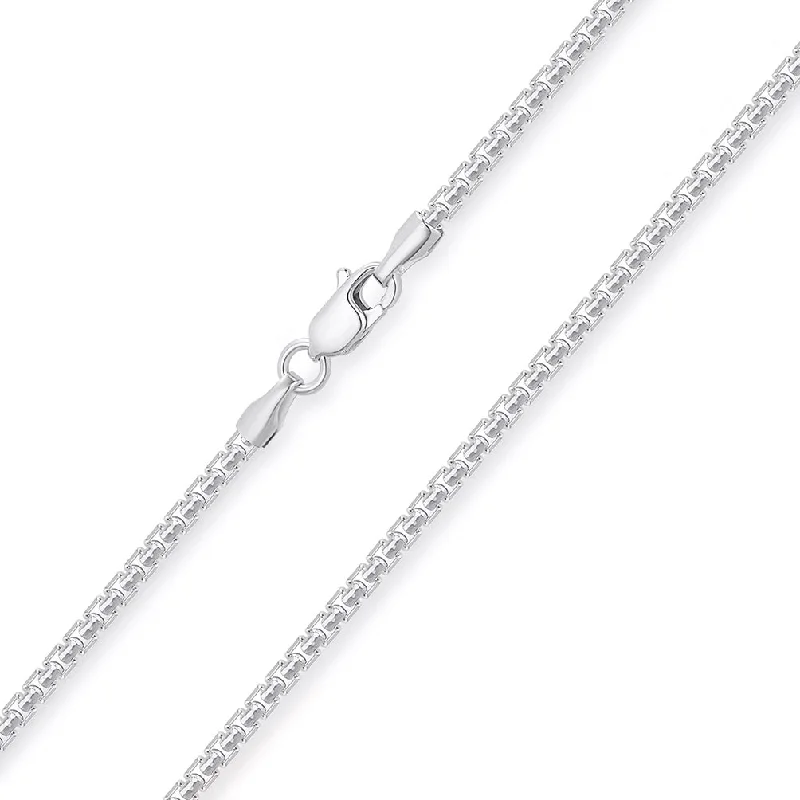 Solid 14k White Gold 2mm Round Box Link Chain Necklace with Lobster Claw Clasp (High Polish)