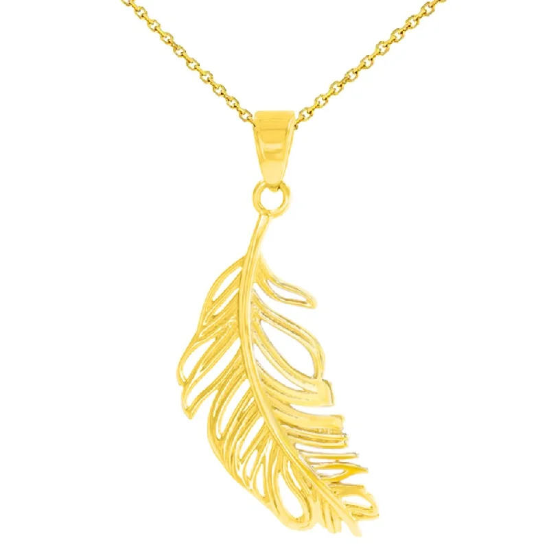 Solid 14K Yellow Gold Textured Feather Charm Pendant Necklace