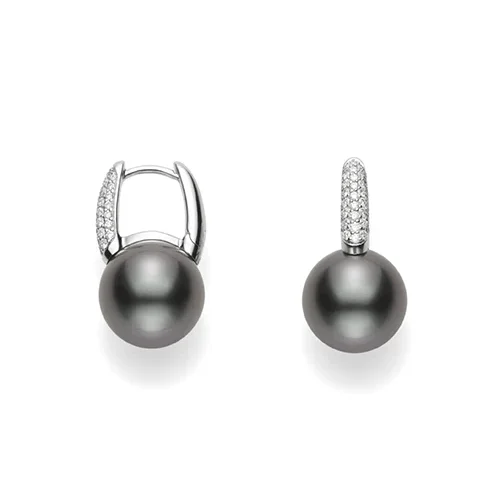 Mikimoto 18K White Gold Black South Sea Pearl Diamond Huggie Earrings