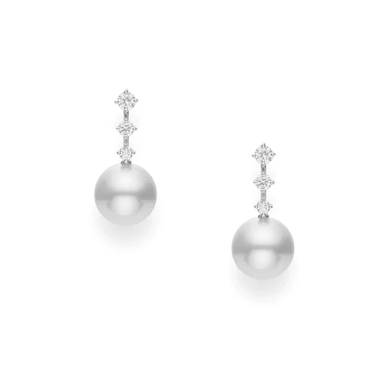 Mikimoto 18K White Gold Pearl and Diamond Drop Earrings