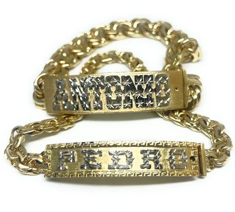 10k Solid Gold CHINO LINK GREEK BORDER (MEANDROS) SUPERIMPOSED (SOBREPUESTO) CUSTOMIZED 3D NAME BRRACELET 8-8.5 INCH 7MM WIDTH (MADE IN MX)