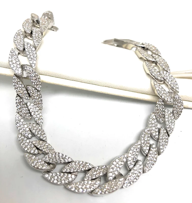 .925 Silver Icced Out CZ Cuban Link 8 inch 9.5mm width Braccelet