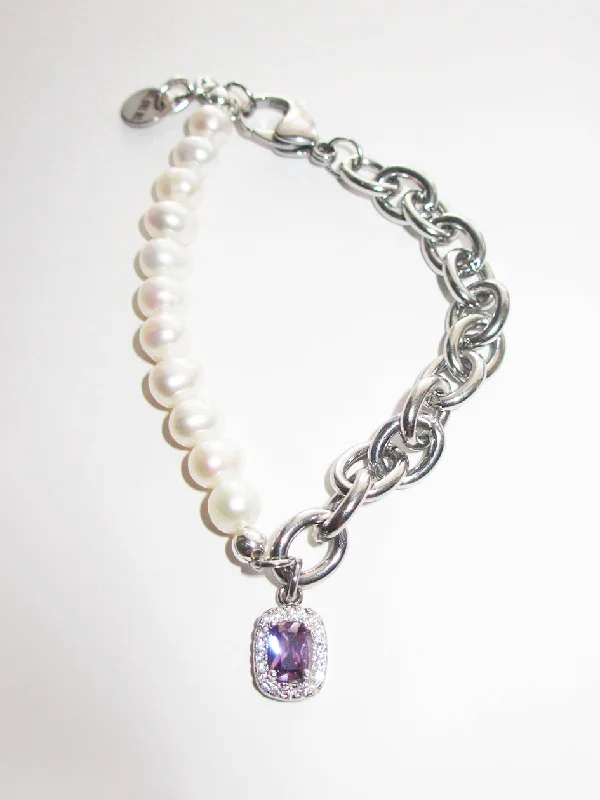 THE HALF CHAIN HALF PEARL PURPLE GEM BRACELET