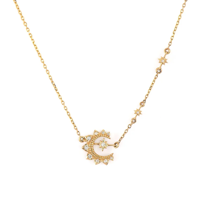 14K Yellow Gold Wish On A Star Crescent Moon Diamond Necklace