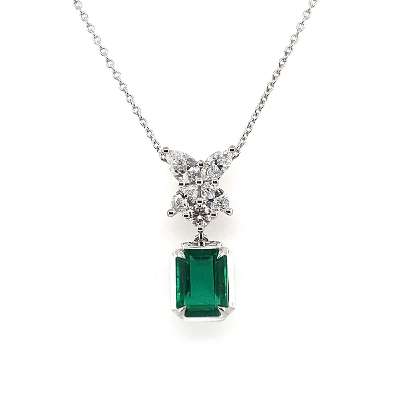 18K White Gold Emerald and Diamond Cluster Pendant Necklace