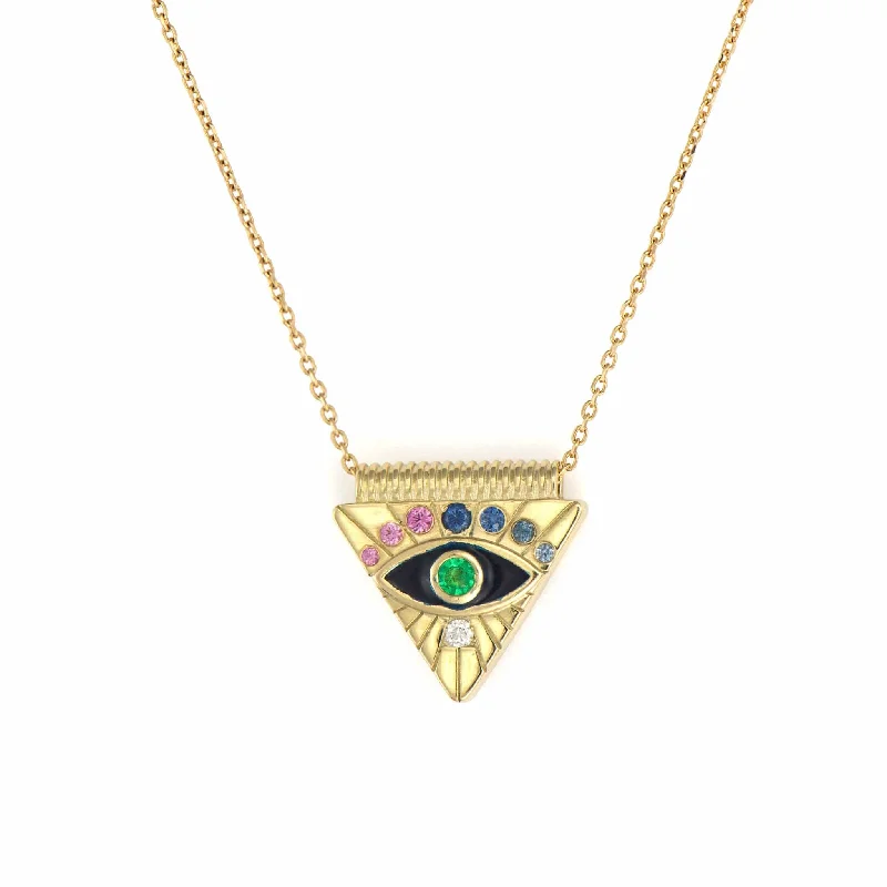 14K Yellow Gold Double Sided Evil Eye Sapphire and Diamond Necklace